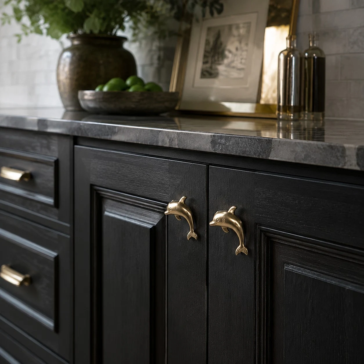 Natural brass Dolphin cabinet handles in a styled kitchen cabinet scene