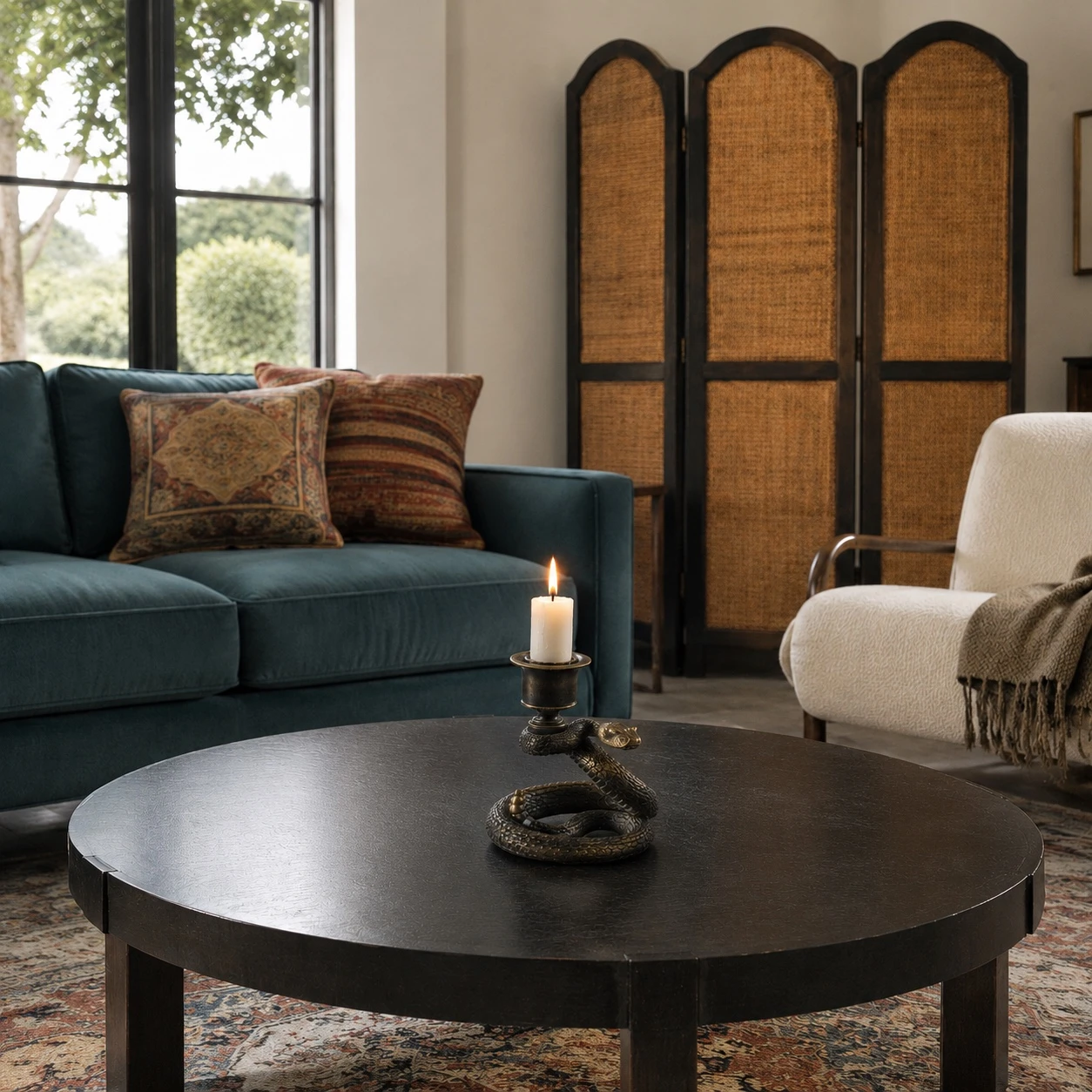 Aura Snake Candlestick on a round coffee table in a living room