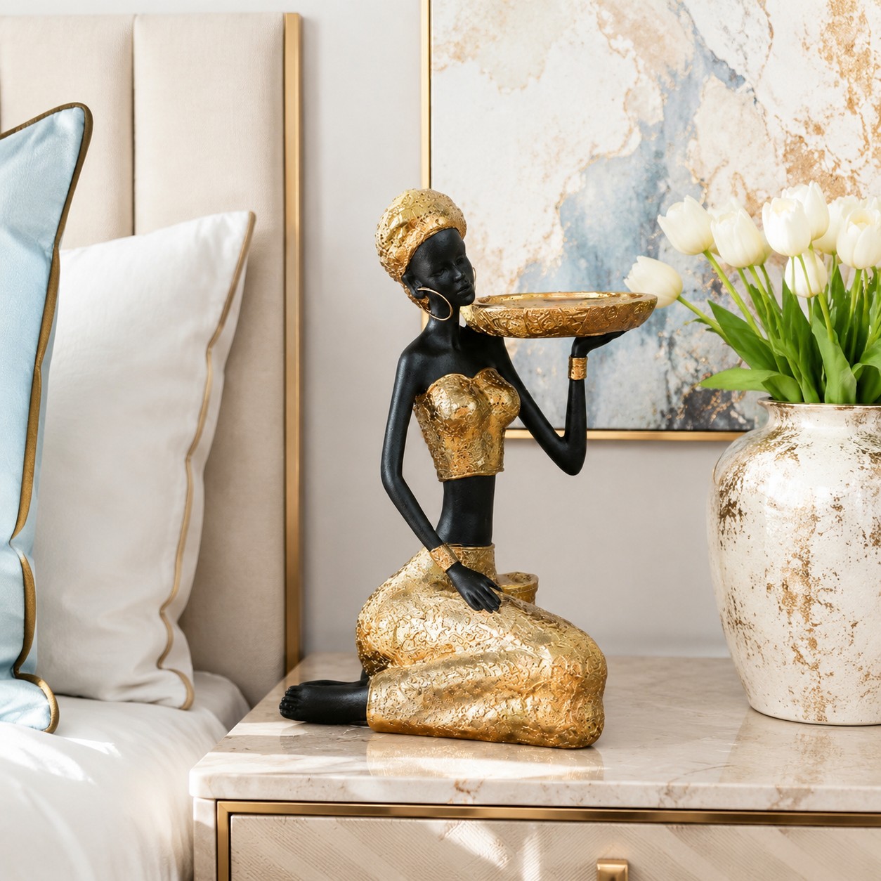 Aura Style B candlestick beside soft bedroom decor