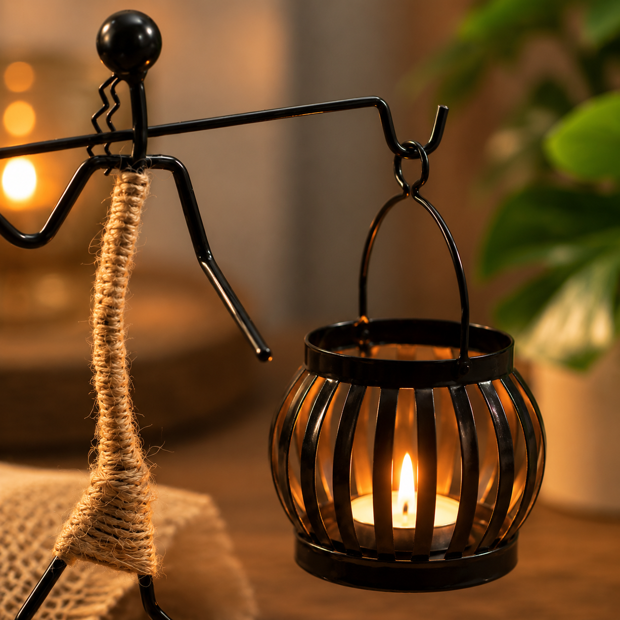 Close detail of Aura Yoke Lantern hanging cup with tealight glow
