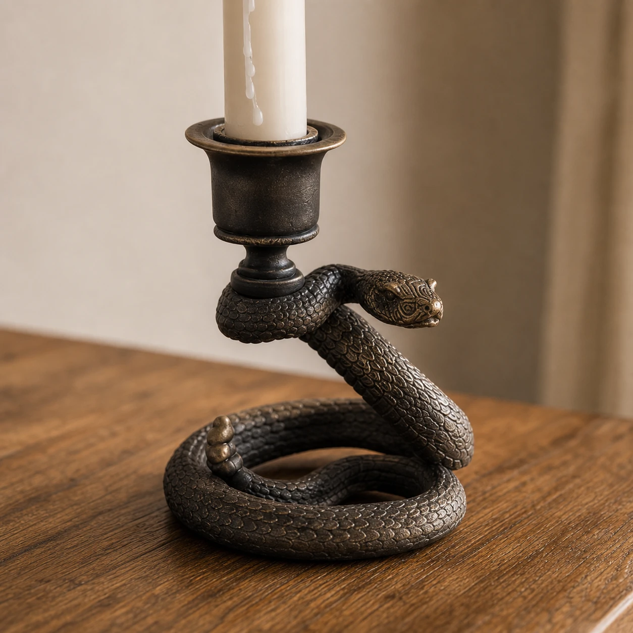 Close-up of the coiled base resting on a wooden tabletop
