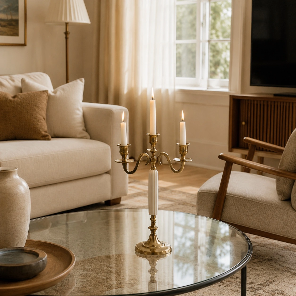 Aura three head candlestick in a living room