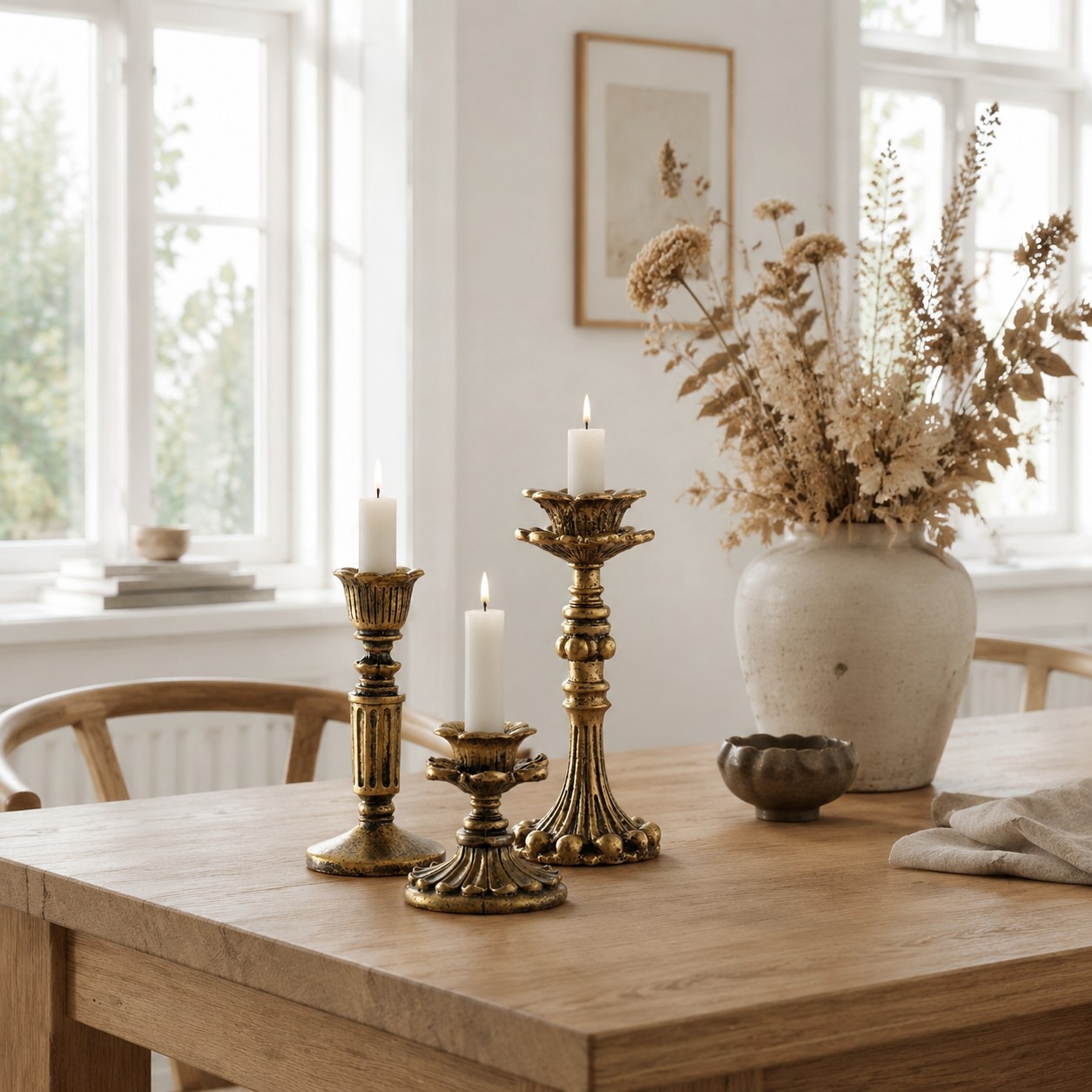 Aura antique copper candlestick holder three-piece set on a bright dining table