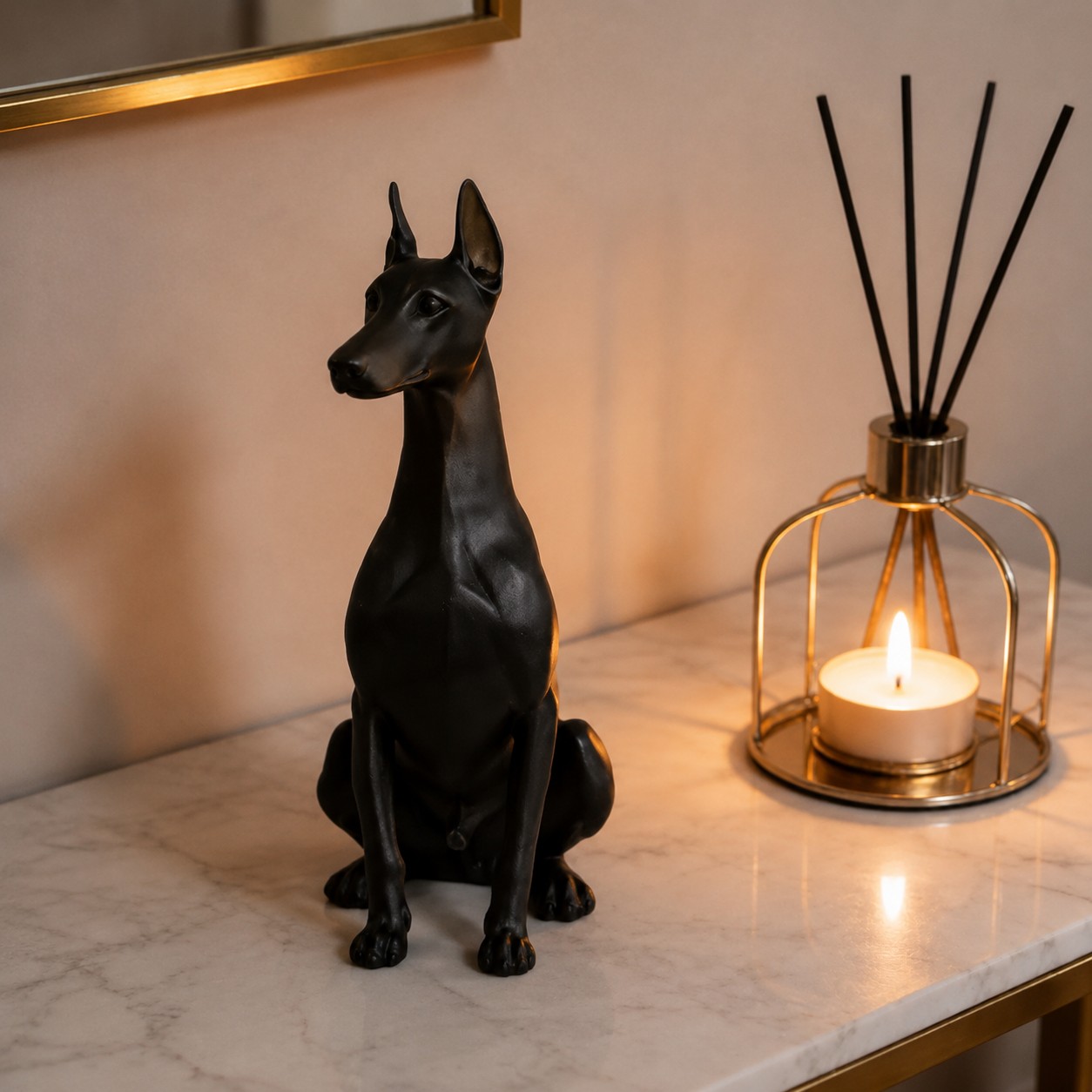 Black Doberman ornament on a marble surface beside a candle holder