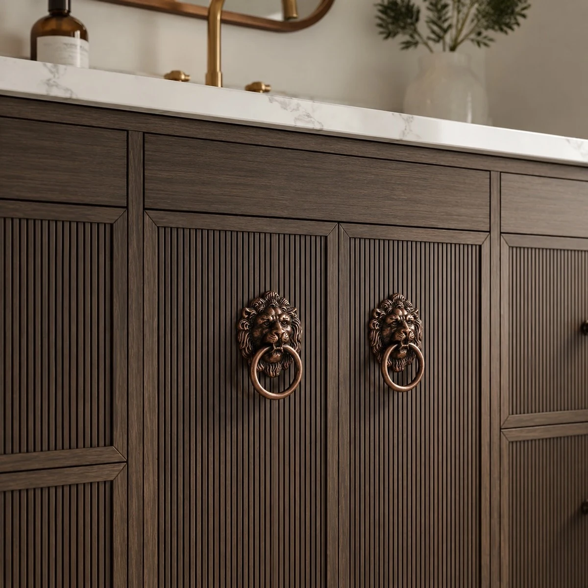 Antique Red Single Hole handle on dark vanity cabinetry