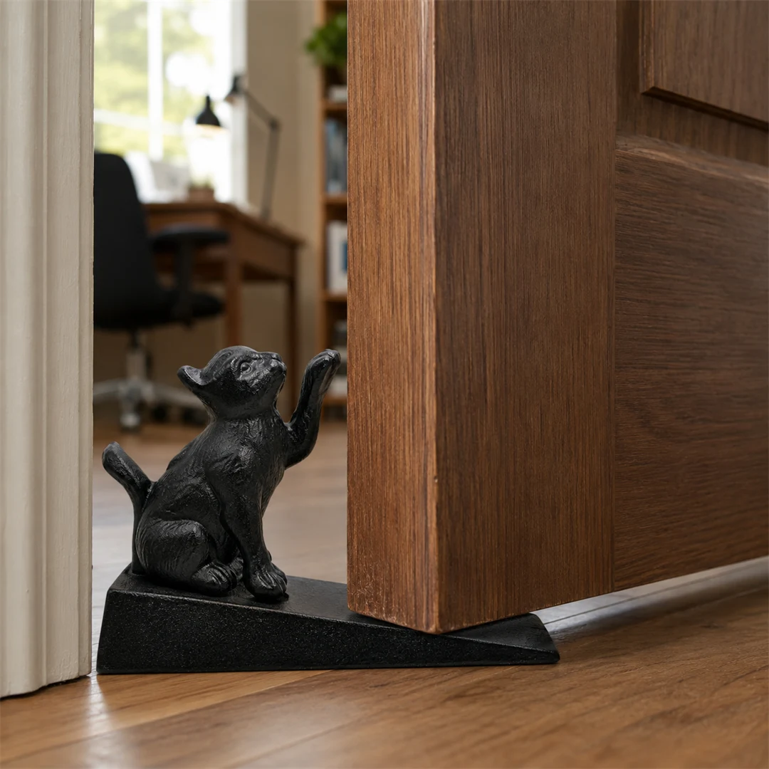 Guardian black cat door stopper holding a wooden door
