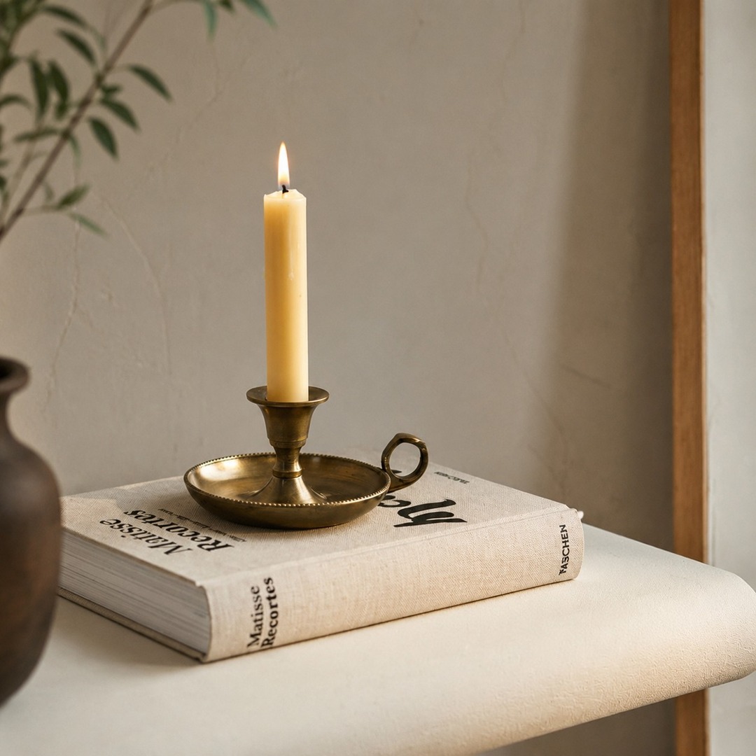 Aura candlestick on a book with a lit taper candle