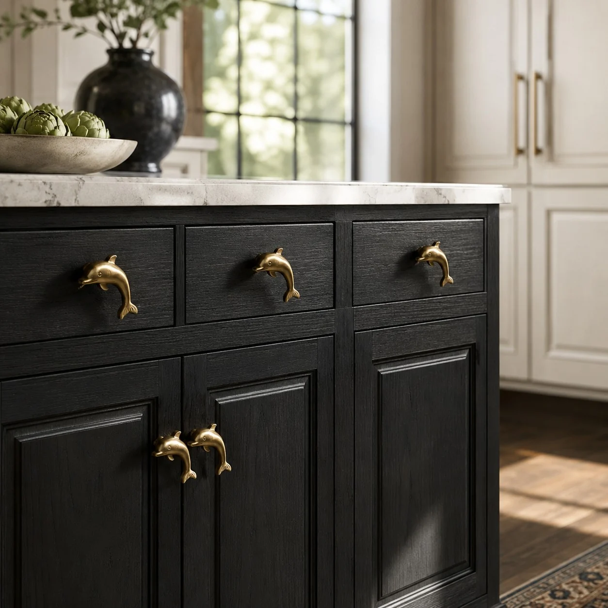 Dolphin natural brass handles across cabinet doors and drawers