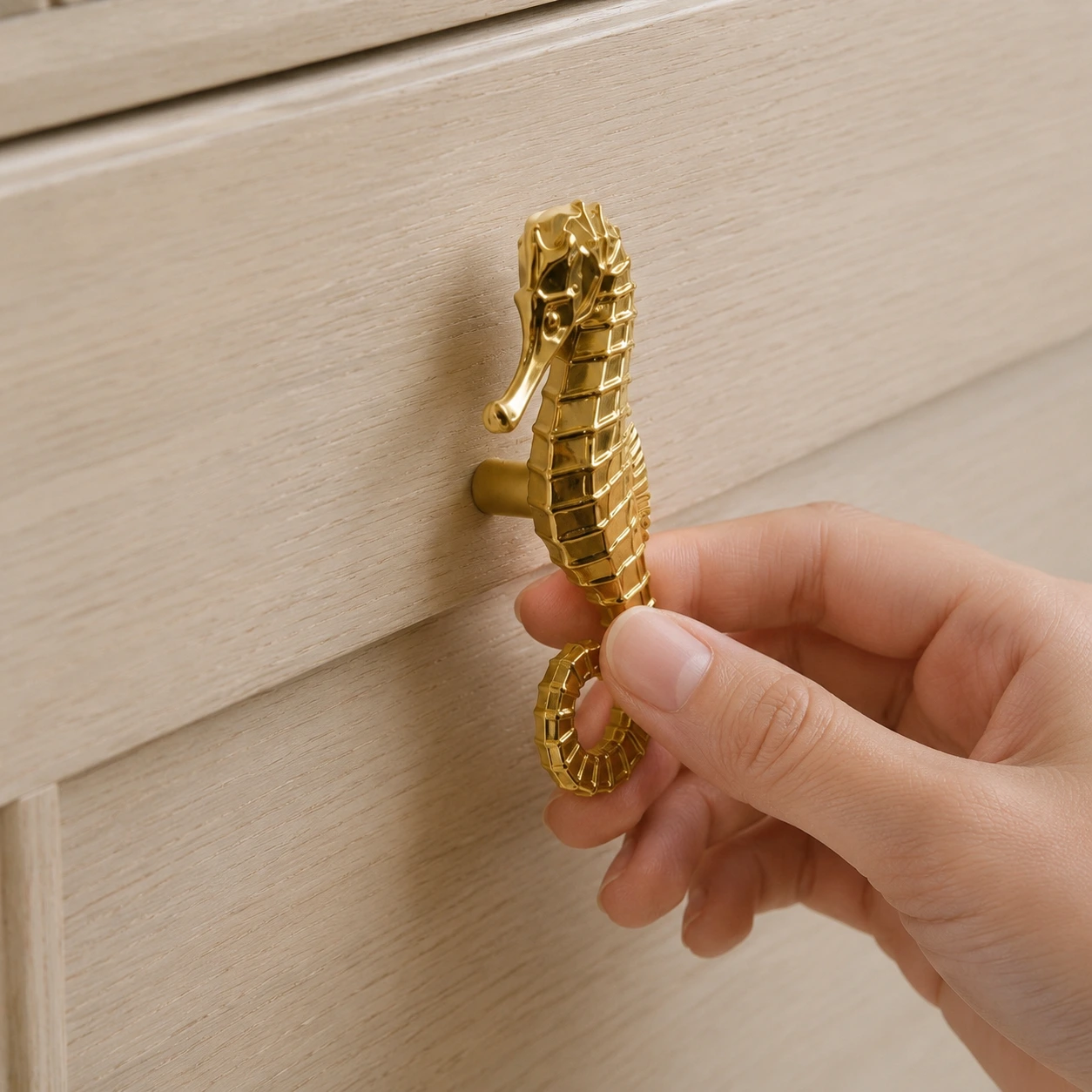 Close lifestyle detail of the brass seahorse handle installed on wood furniture