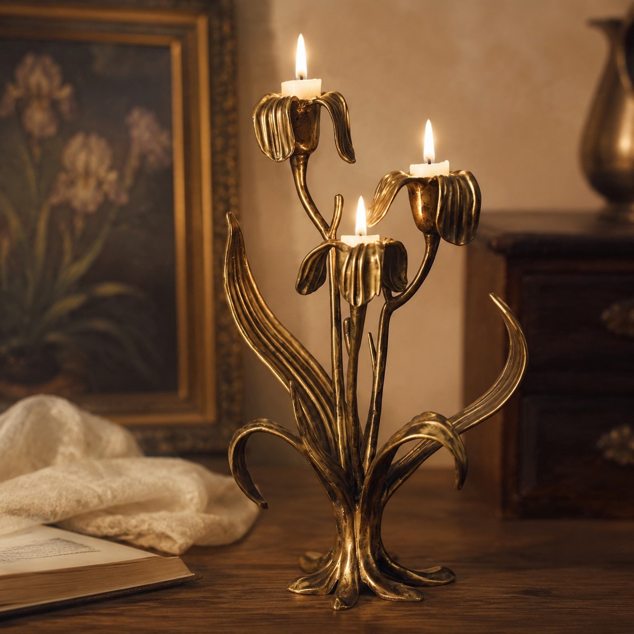 Aura Iris candle holder in a warm candlelit interior close scene