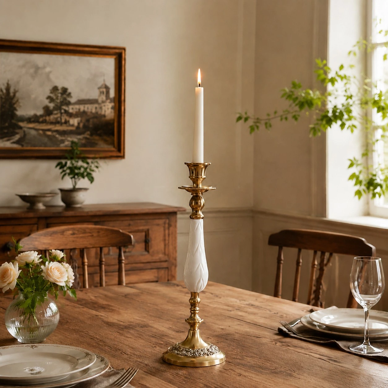 Aura one head candlestick on a dining table