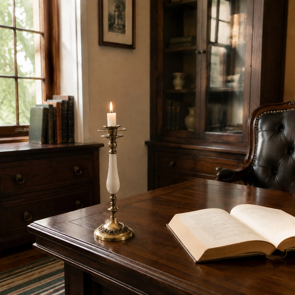 Aura one head candlestick on a writing desk