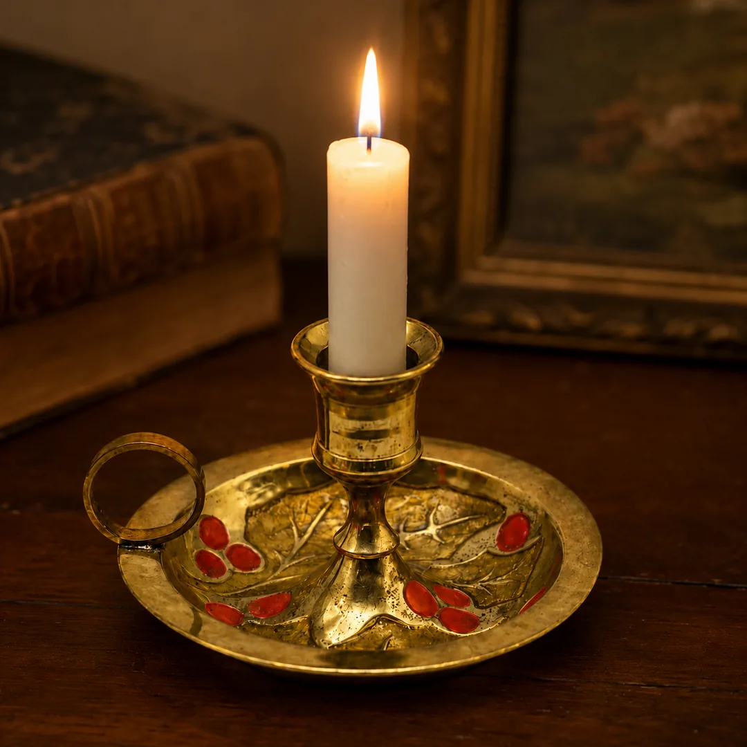 Aura brass copper candlestick with red leaf tray detail