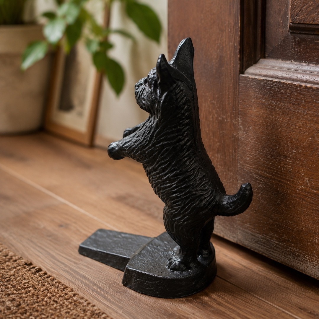 Black Guardian cast iron dog door stopper in use beside a wooden door