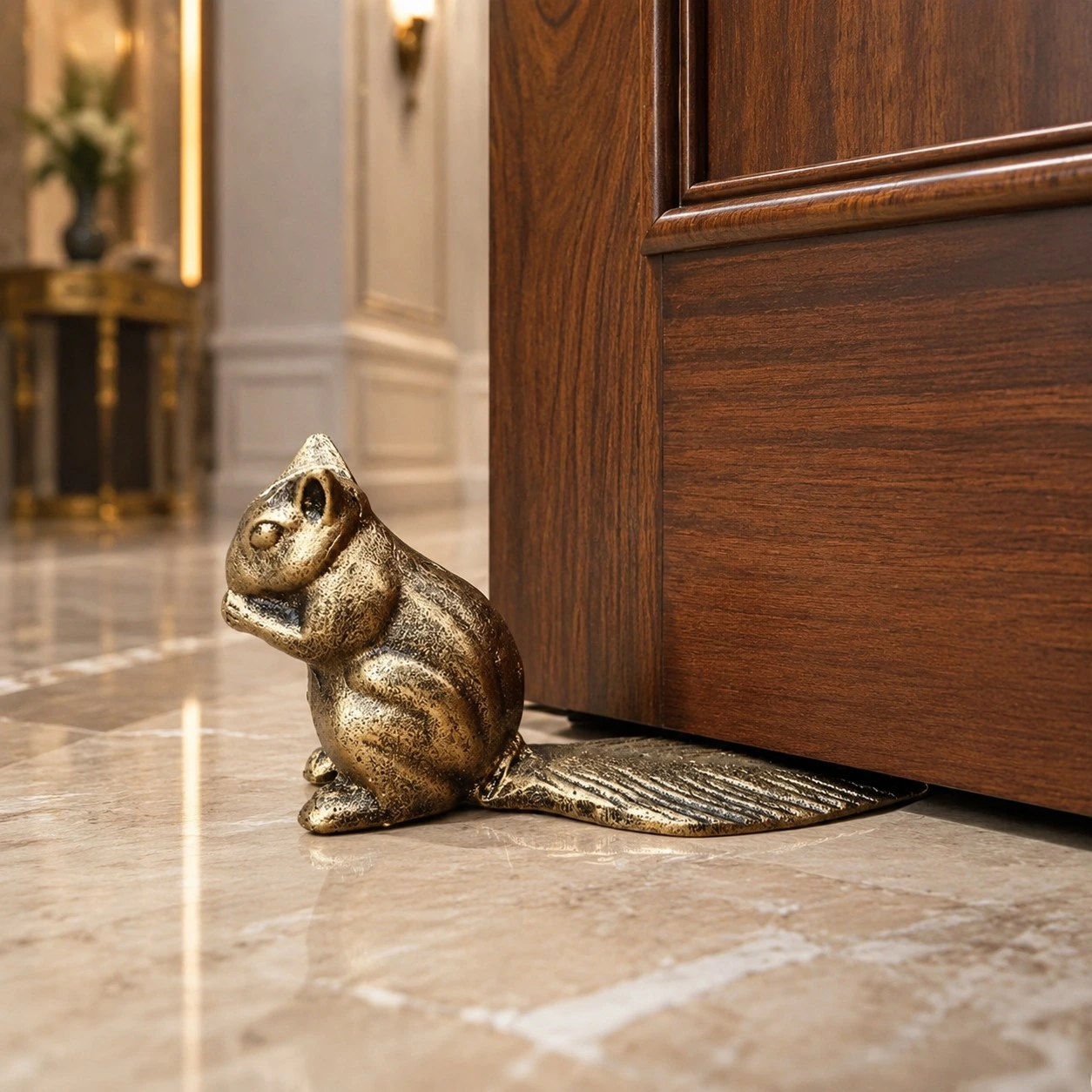Bronze Guardian door stopper holding a wooden door