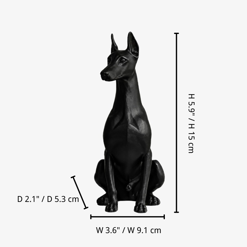 Measurement diagram for the Forma black Doberman ornament