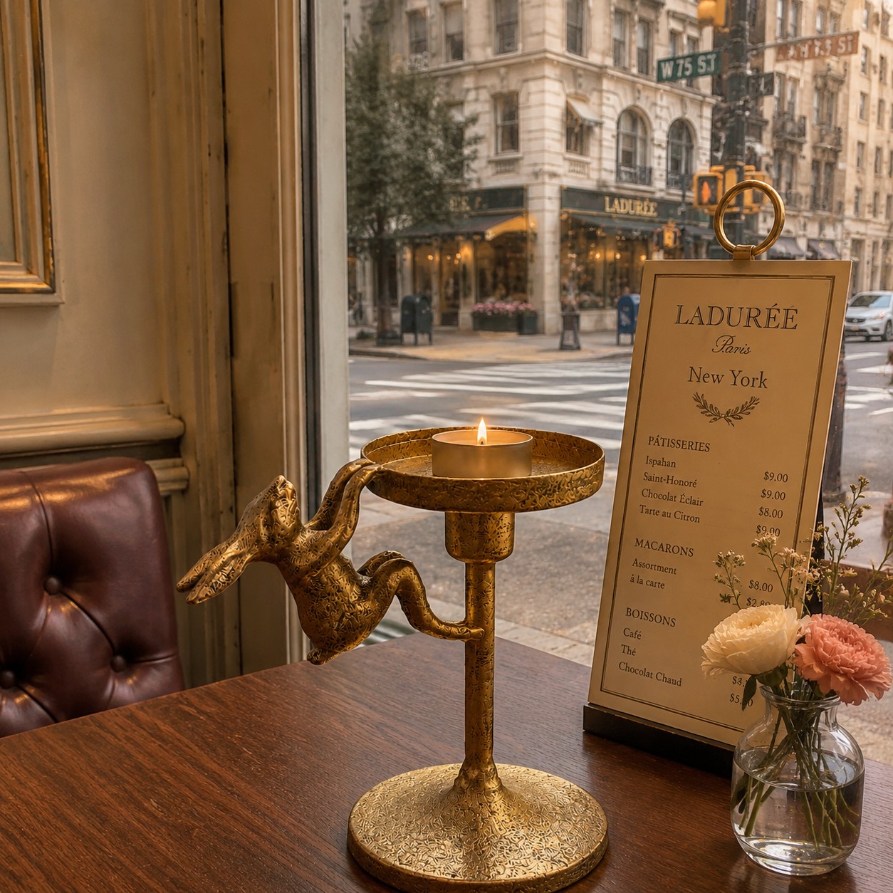 Tall Aura candlestick holder styled beside a cafe window and flowers