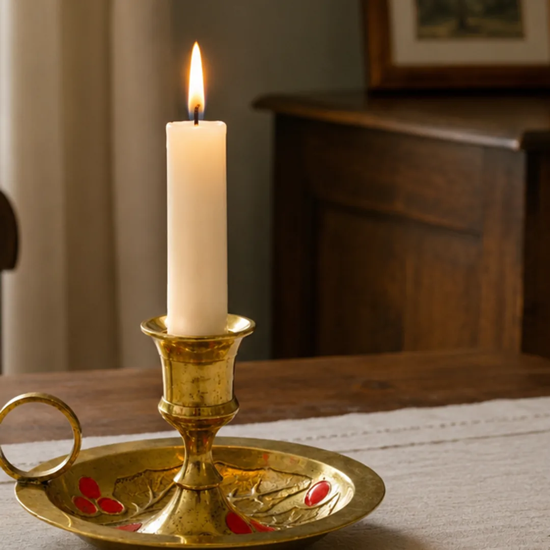Aura candlestick shown with a lit taper candle in use