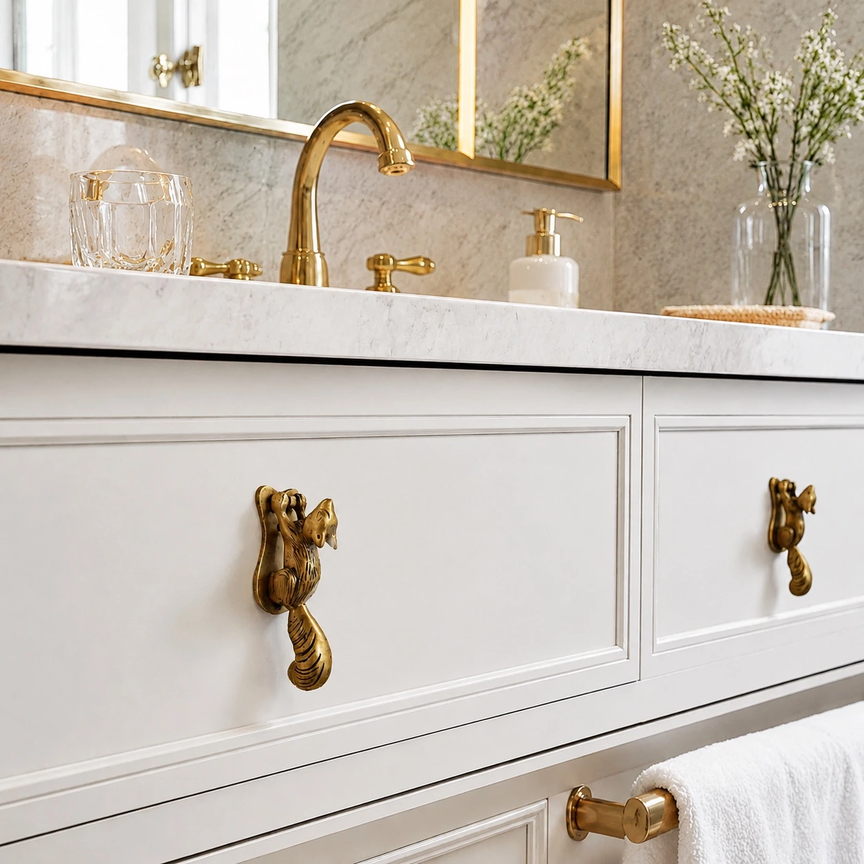 Squirrel brass cabinet handle on a white vanity cabinet