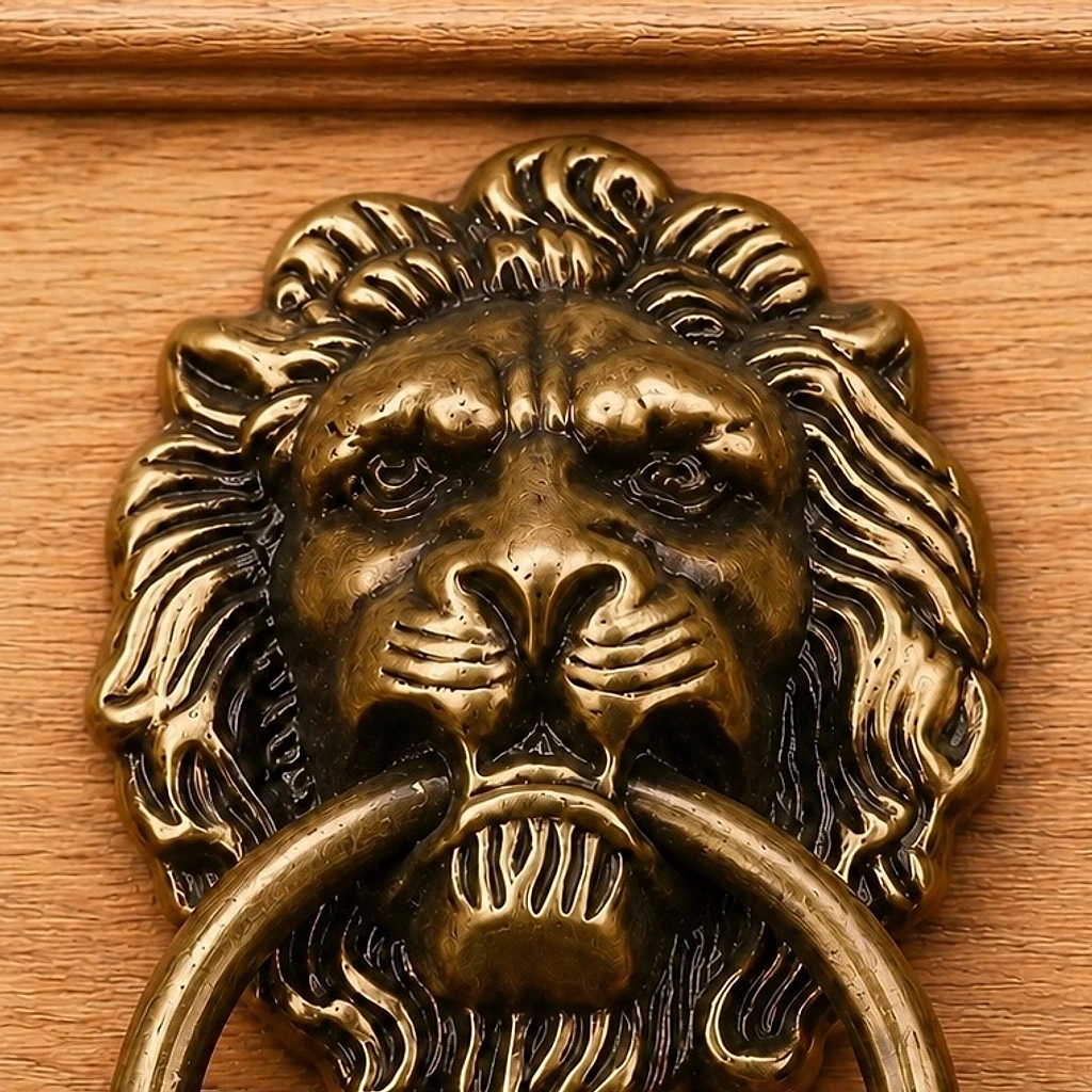 Close-up of lion face and raised mane carving
