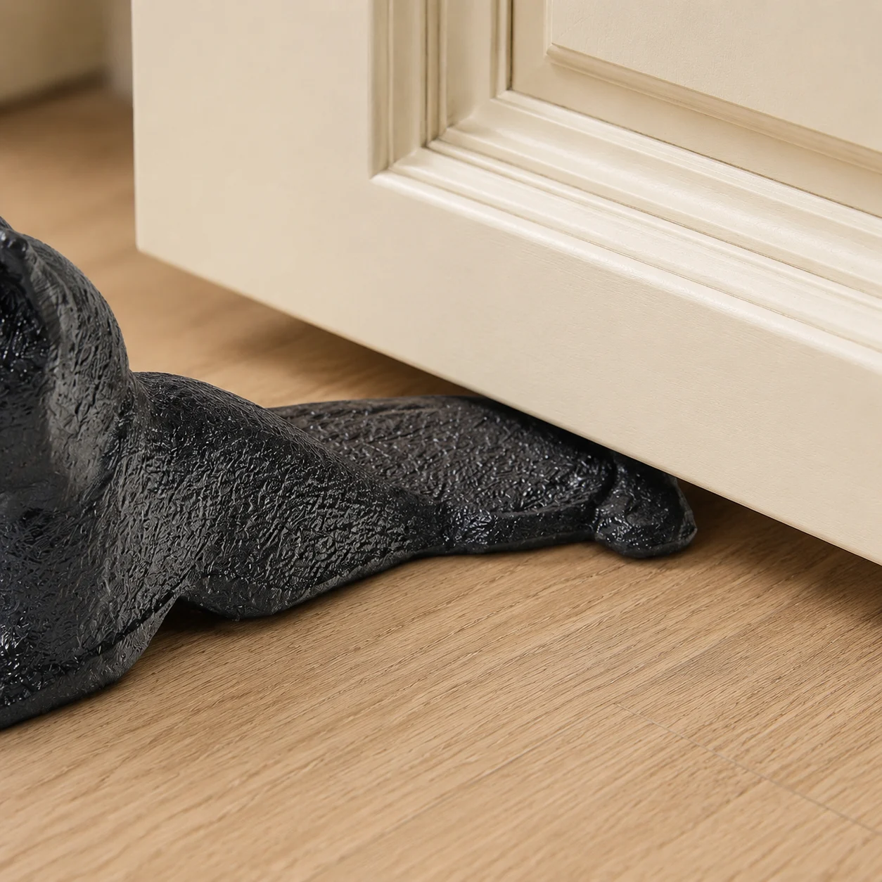 Guardian door stopper wedge tail positioned under a door edge