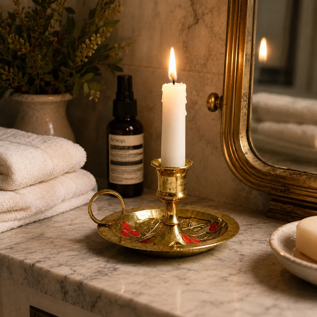 Aura brass candlestick styled on a wooden console with books