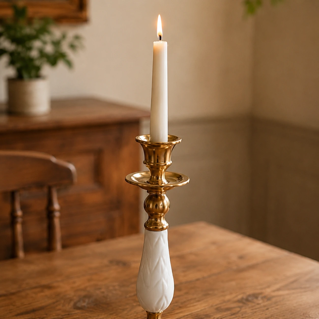 Close lifestyle detail of Aura candlestick on a wood table