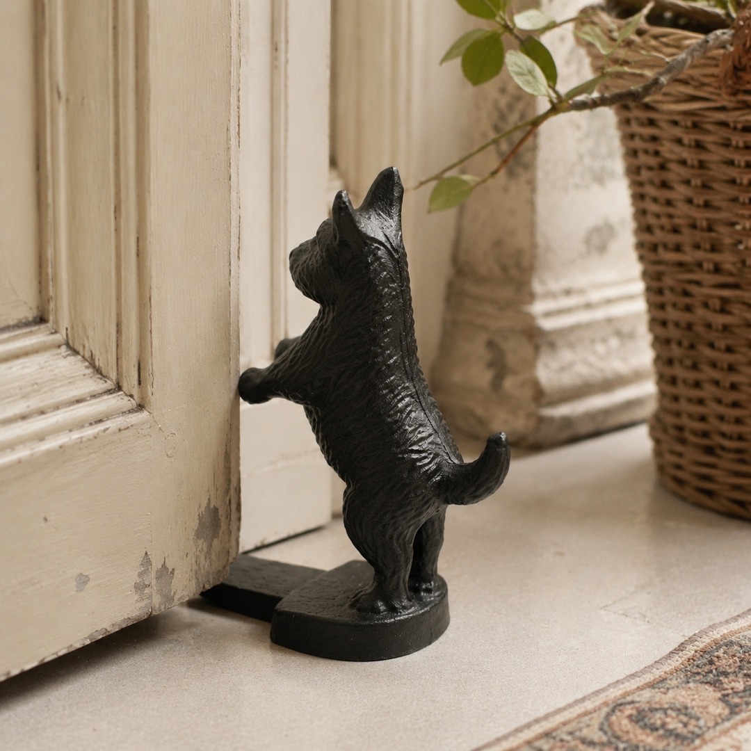 Black Guardian door stopper beside a pale door and woven basket