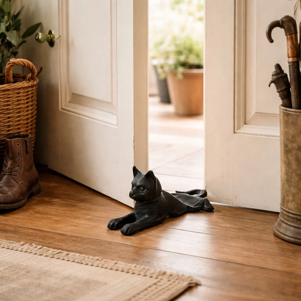 Guardian black cat door stopper holding a cream interior door open