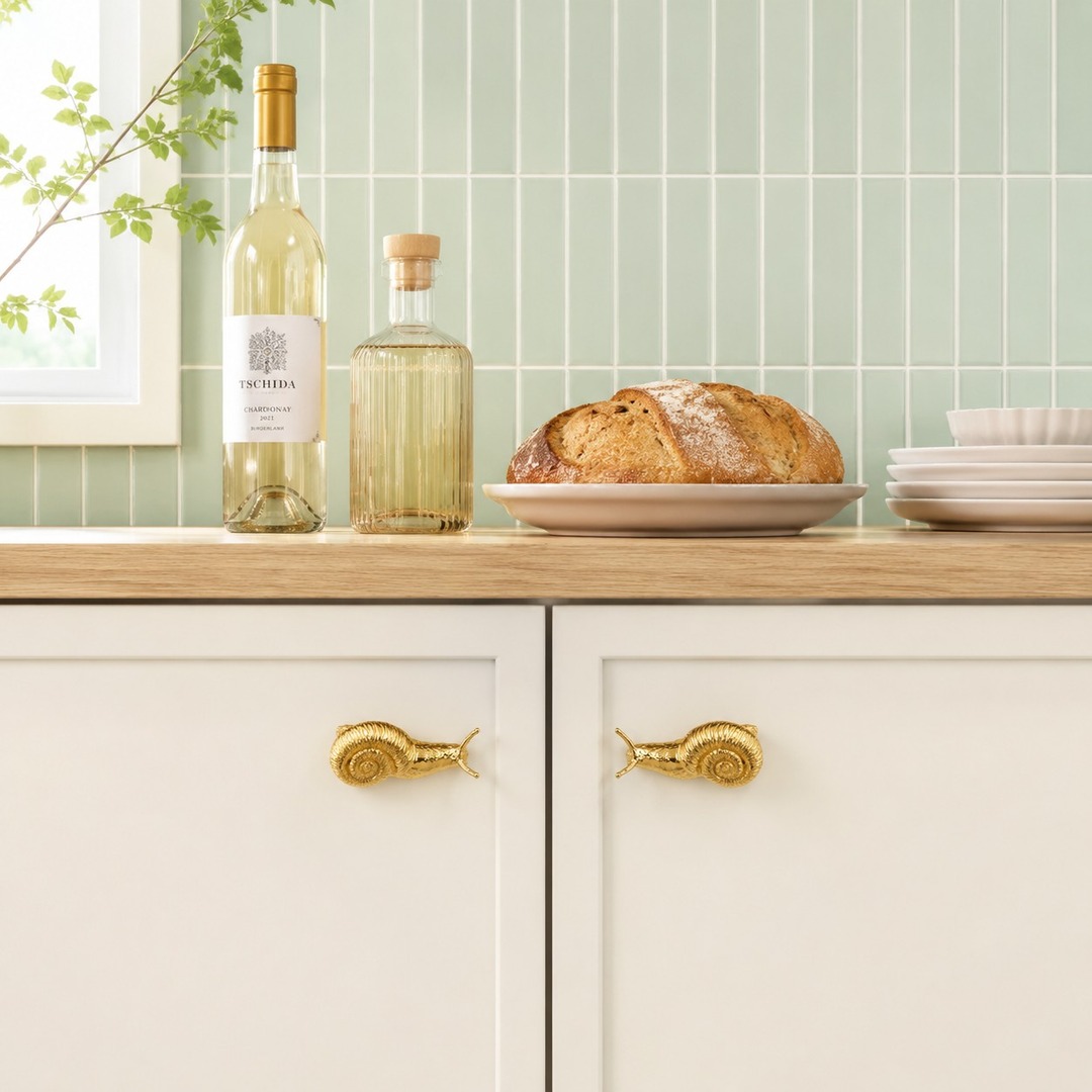 Totem brass snail knobs on a kitchen cabinet with pale tile backdrop