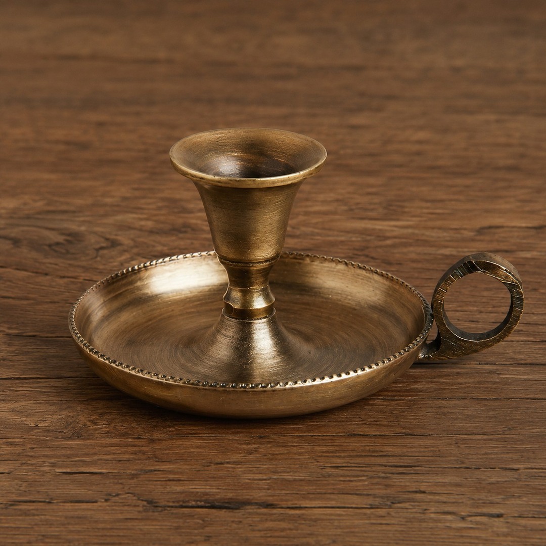 Aura gold copper candlestick holder on a wood surface