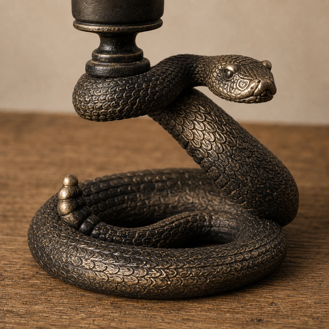 Close-up of the lower coiled snake base on a tabletop