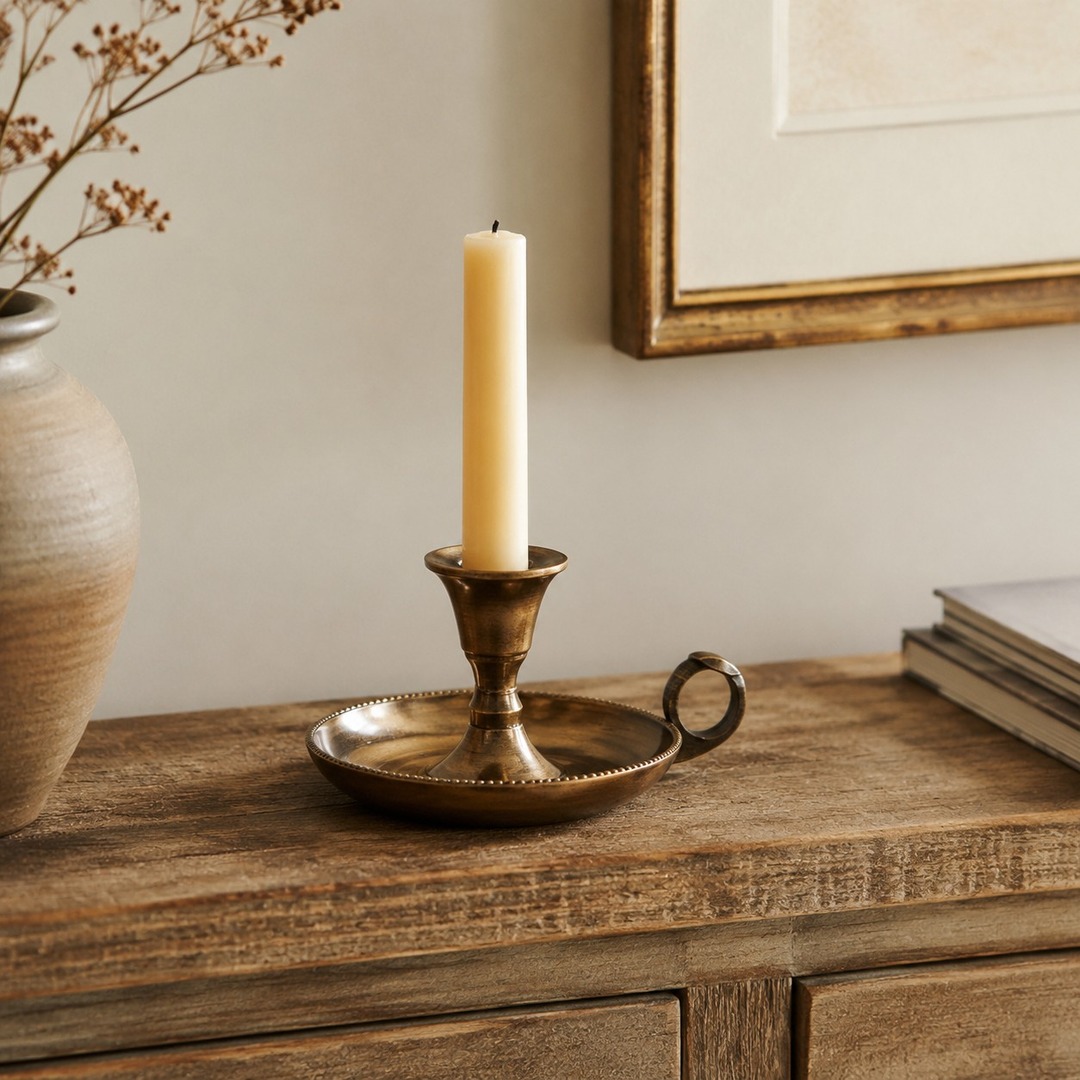 Aura candlestick on a wood console with vase and artwork