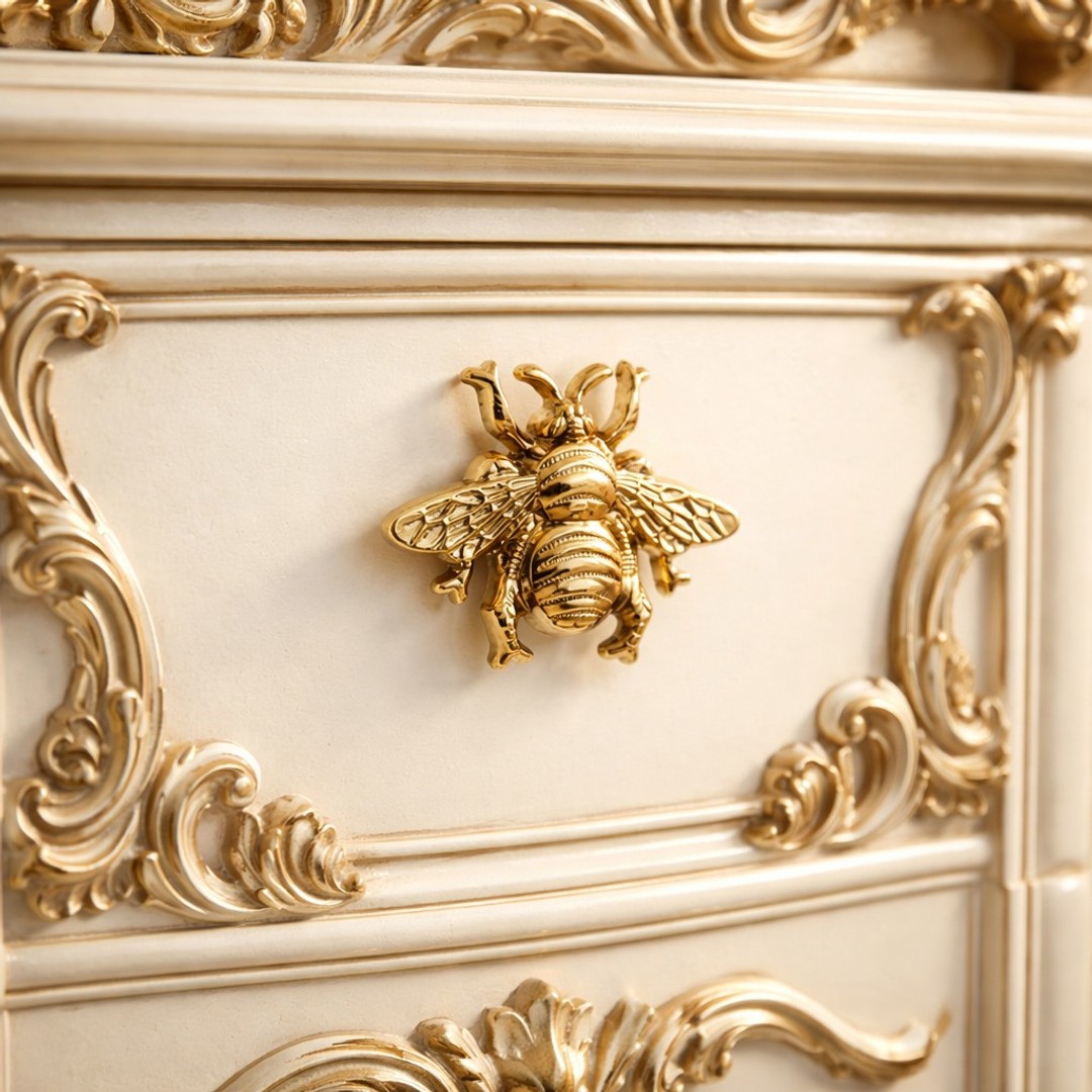 Gold Totem bee cabinet handle on ornate cream cabinet front