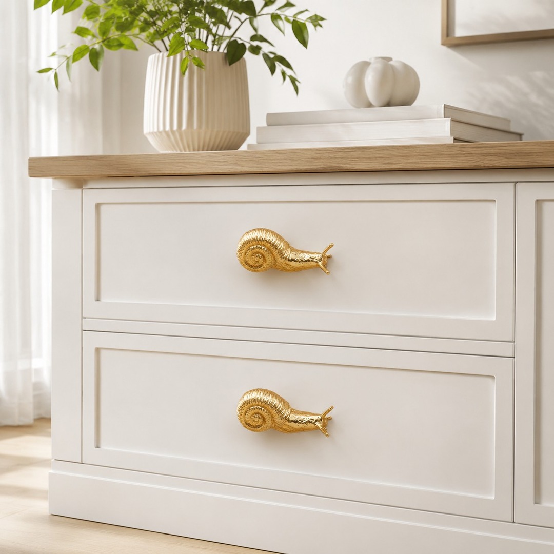 Totem brass snail cabinet knob installed on a light cabinet drawer