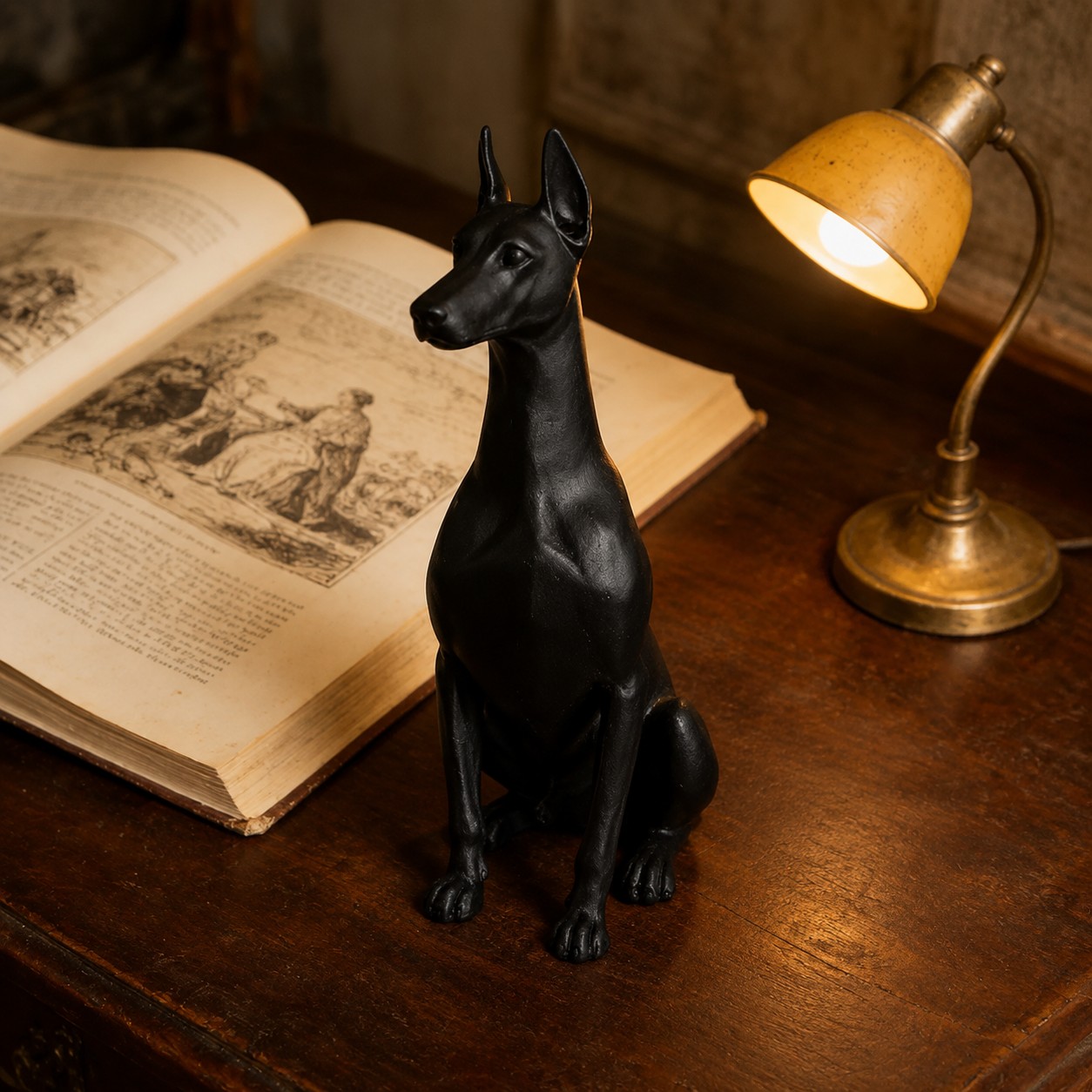 Black Doberman ornament on a desk beside an open book and lamp