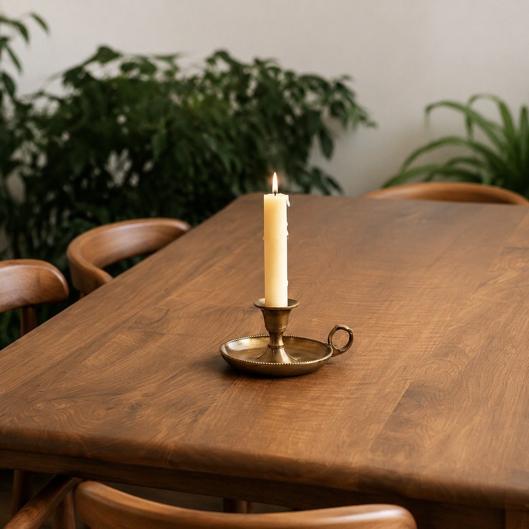 Aura candlestick centered on a wood dining table