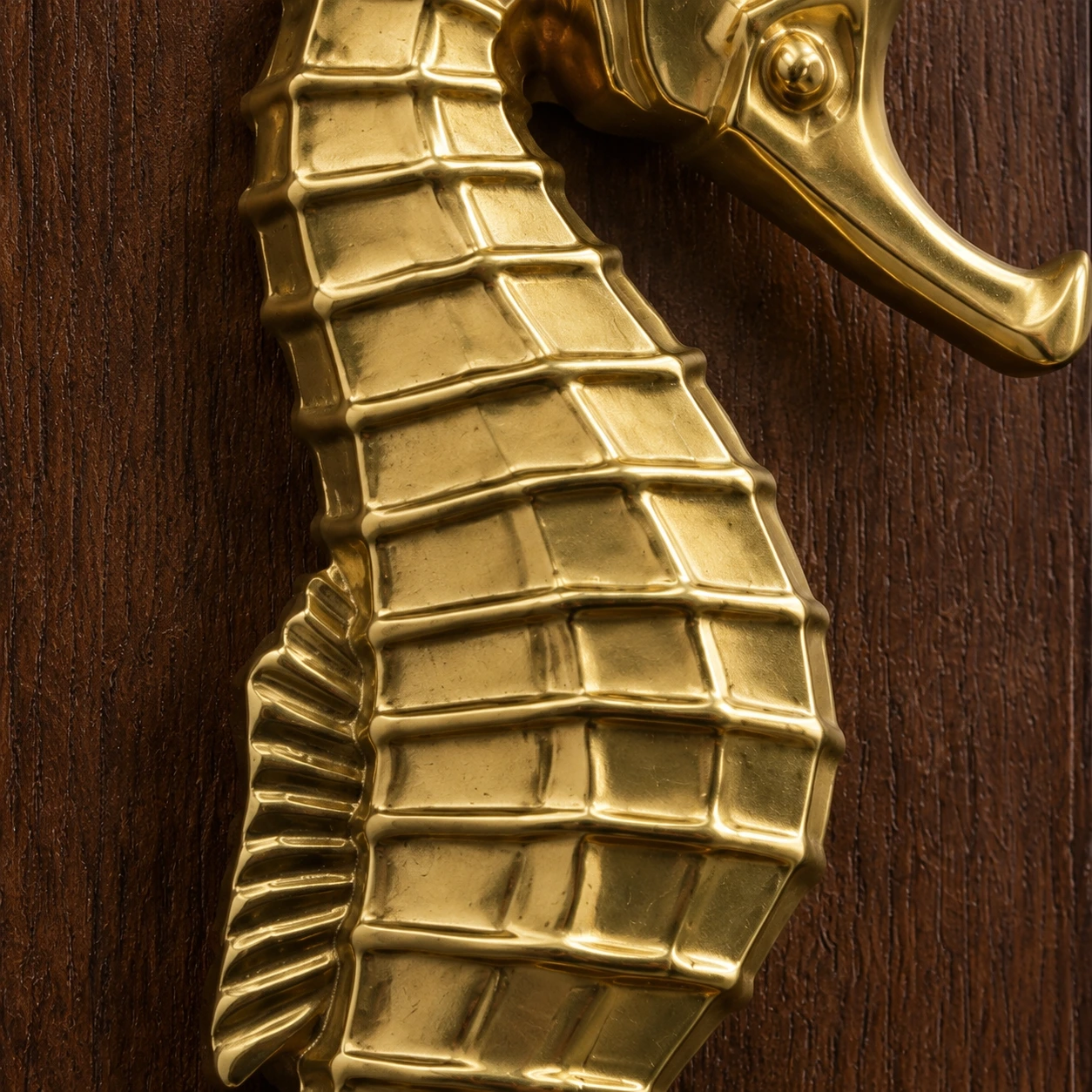 Close view of polished brass texture and raised scale pattern on the handle