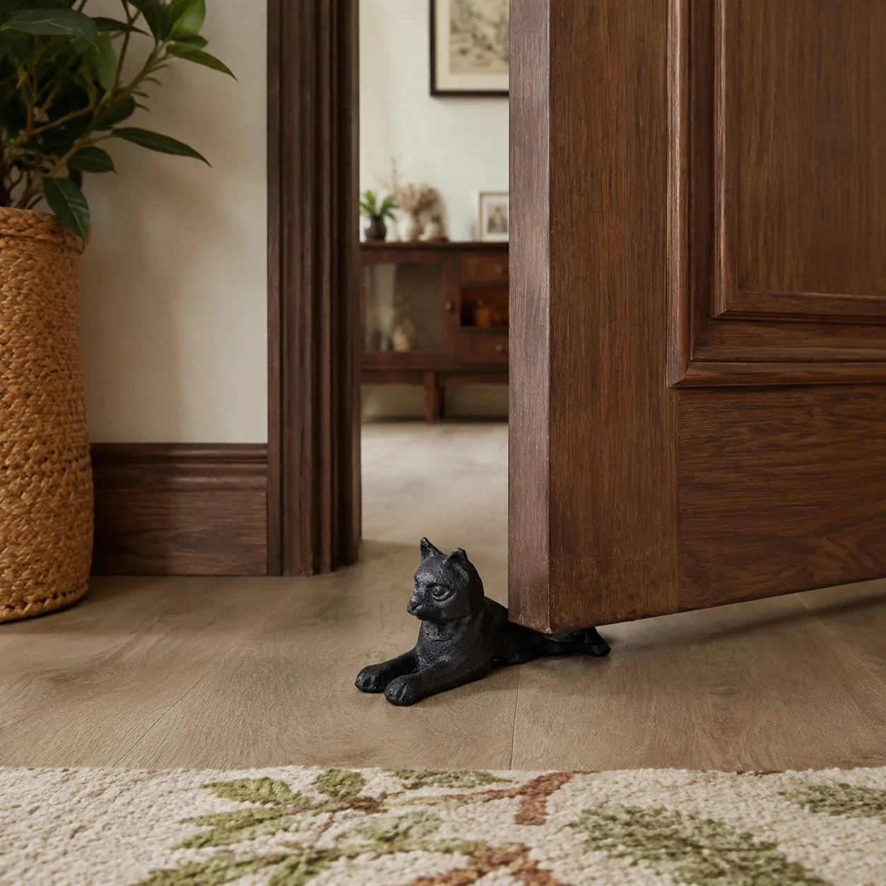 Guardian door stopper holding a brown wooden door in a home entry