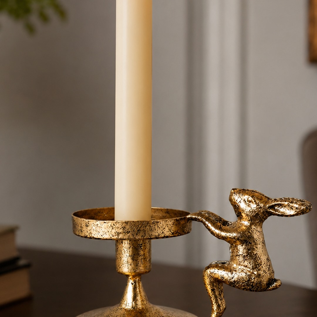 Close view of the rabbit-shaped side figure on the Aura candlestick holder