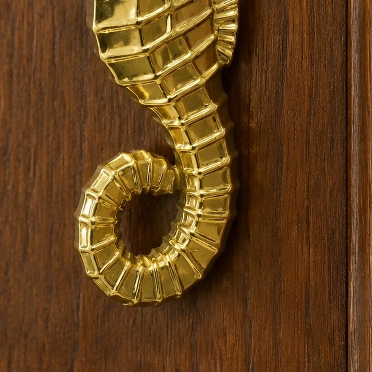 Close detail of the curled brass seahorse tail texture