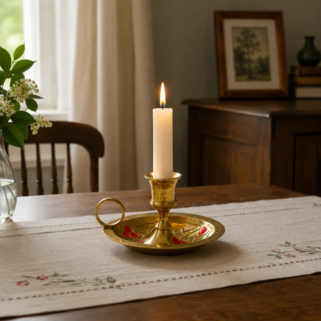 Aura brass candlestick on a marble vanity counter