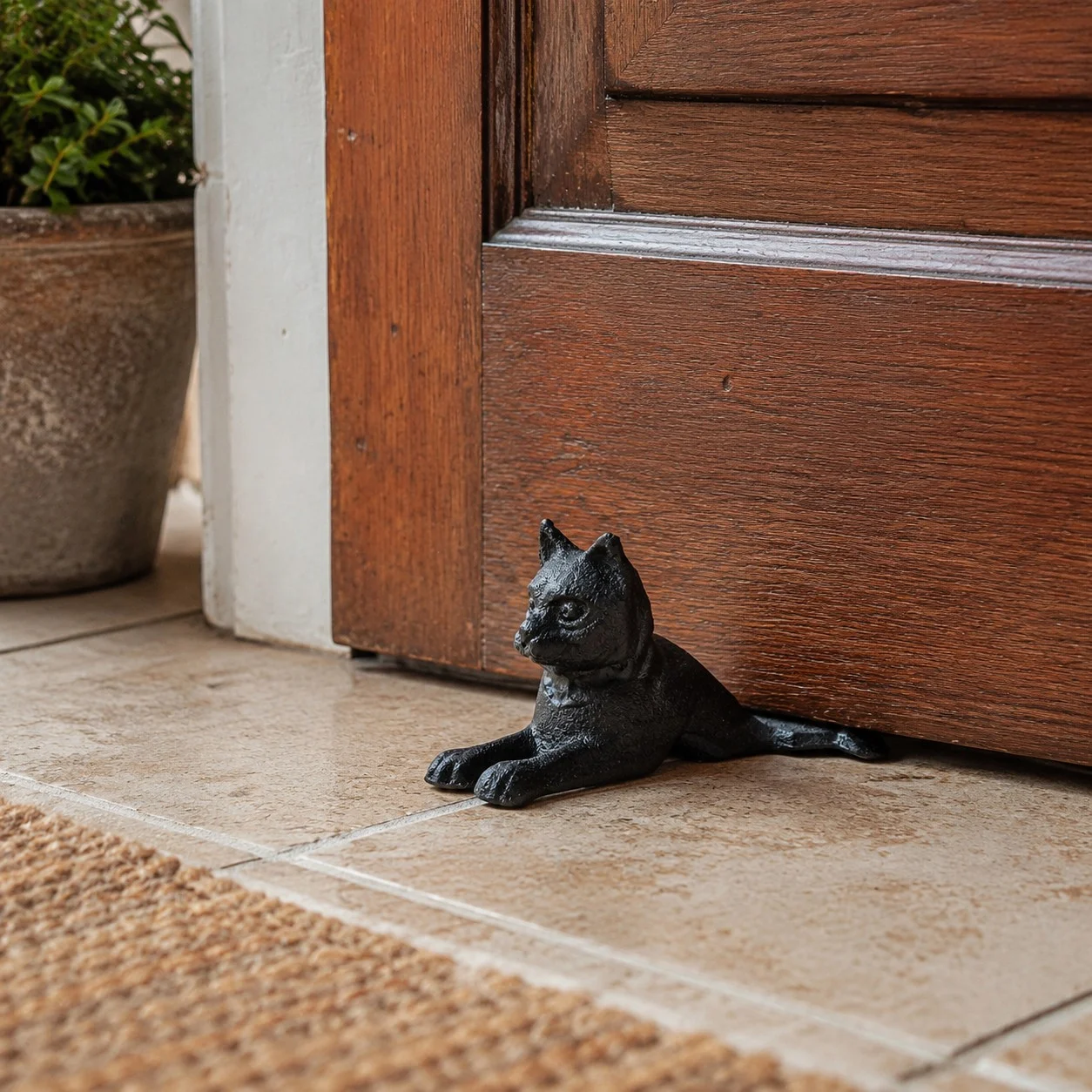 Guardian door stopper on tile beside a brown wood door