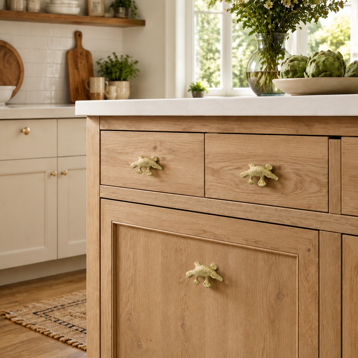 Primary finish Totem cabinet handles installed on light wood kitchen cabinet
