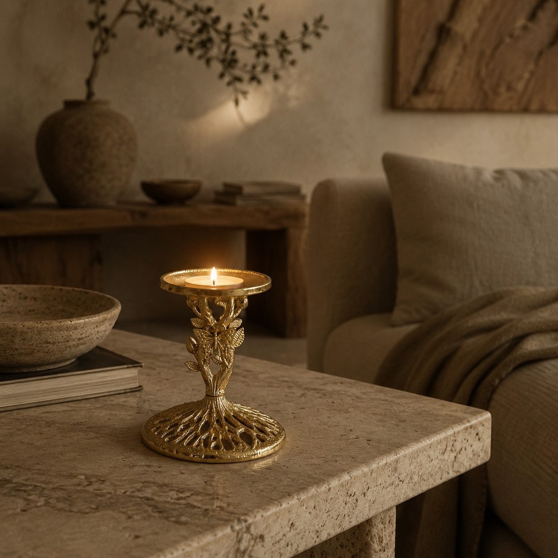 Aura gold candlestick styled on a warm living room table