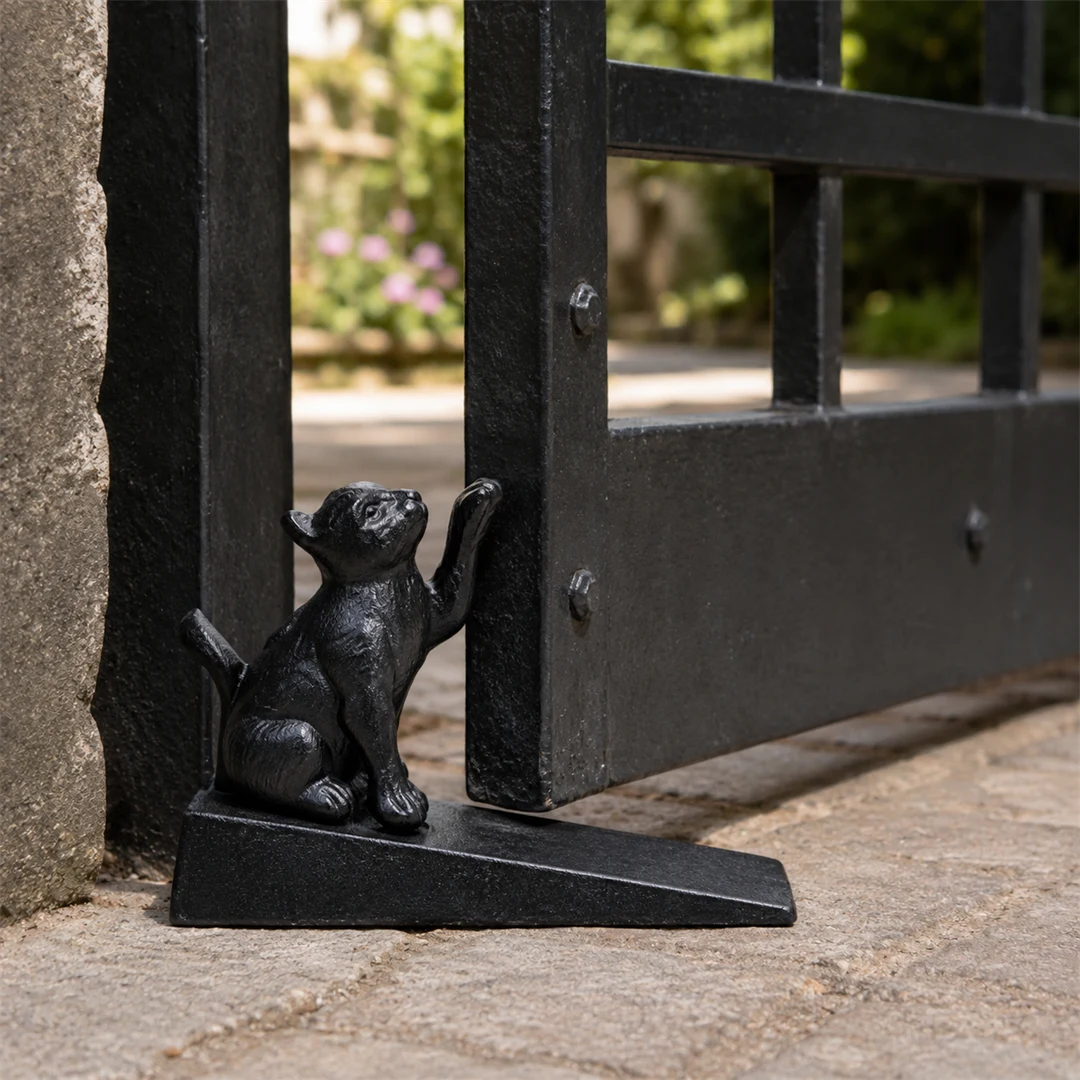 Guardian black cat door stopper used at a metal gate