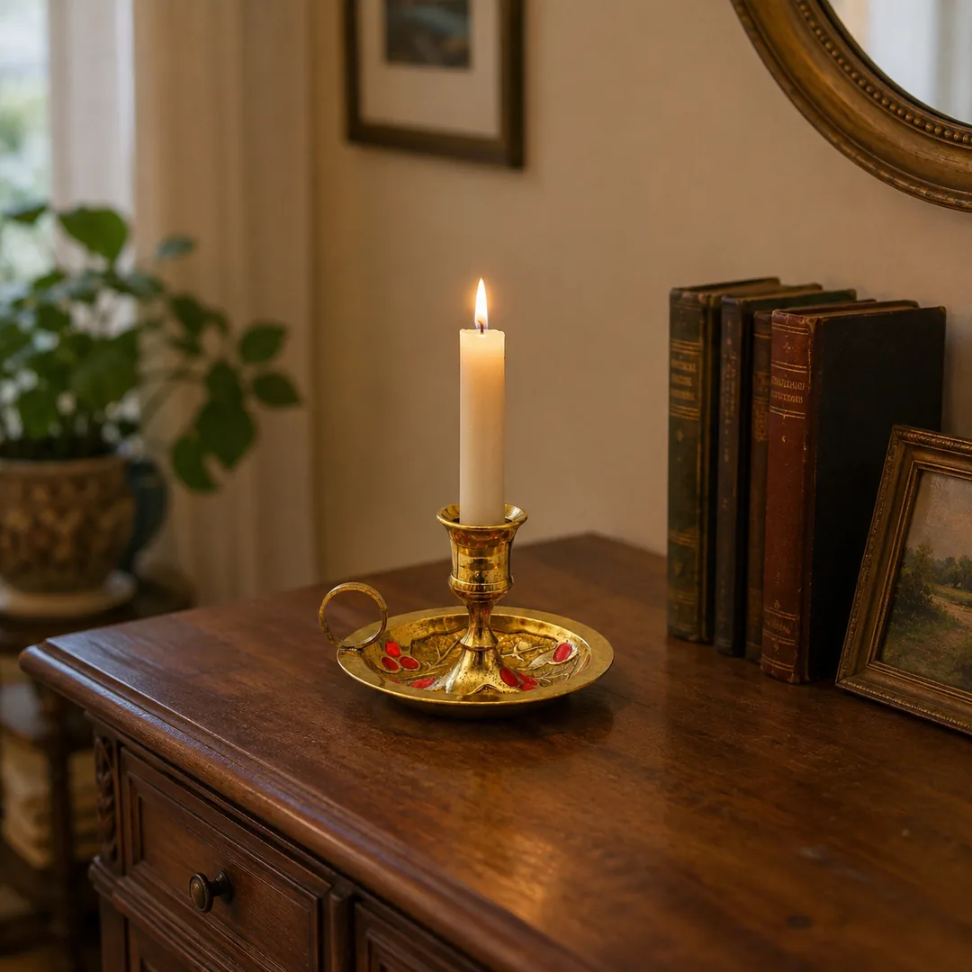 Aura brass candlestick close tabletop scene with candle lit