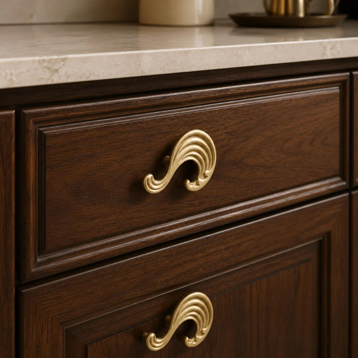 Natural brass wave handles on stacked wood drawers