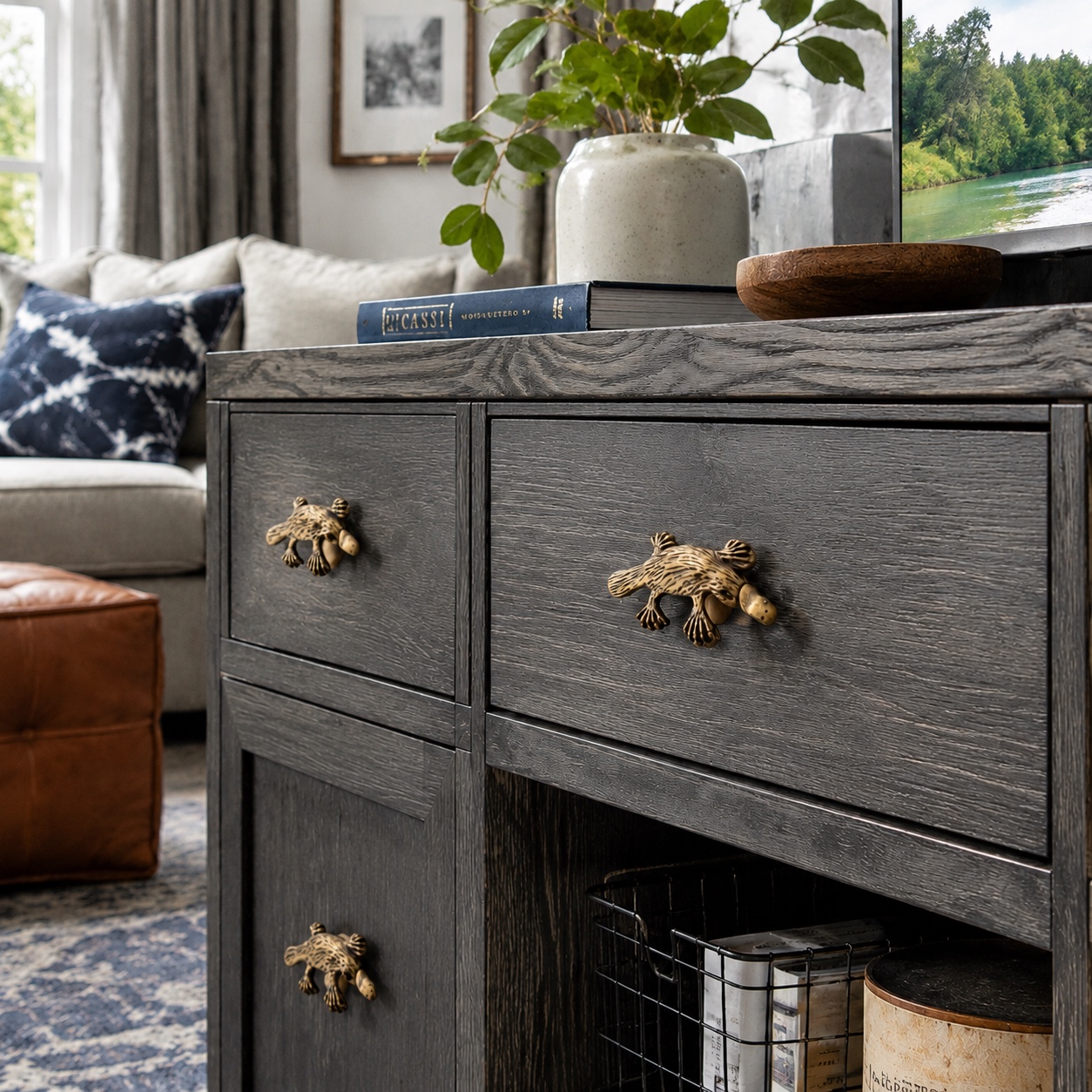 Distressed finish Totem cabinet handles on dark living room cabinet