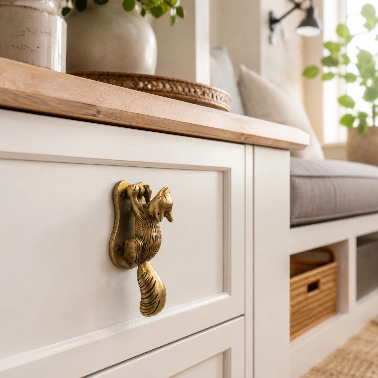 Squirrel brass cabinet handle on a bedroom drawer front
